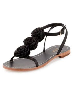 KATE SPADE Women's Caryl Rose Flower T-Strap Flat Sandal - Black, 7M